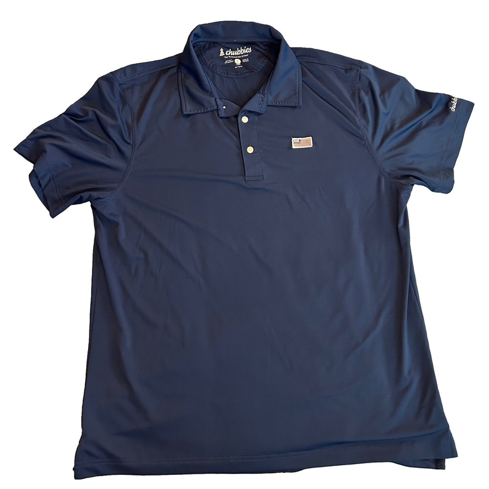 Chubbies Polo Shirt Mens L Navy Blue Stretch Performance Golf Short Sleeve Flag